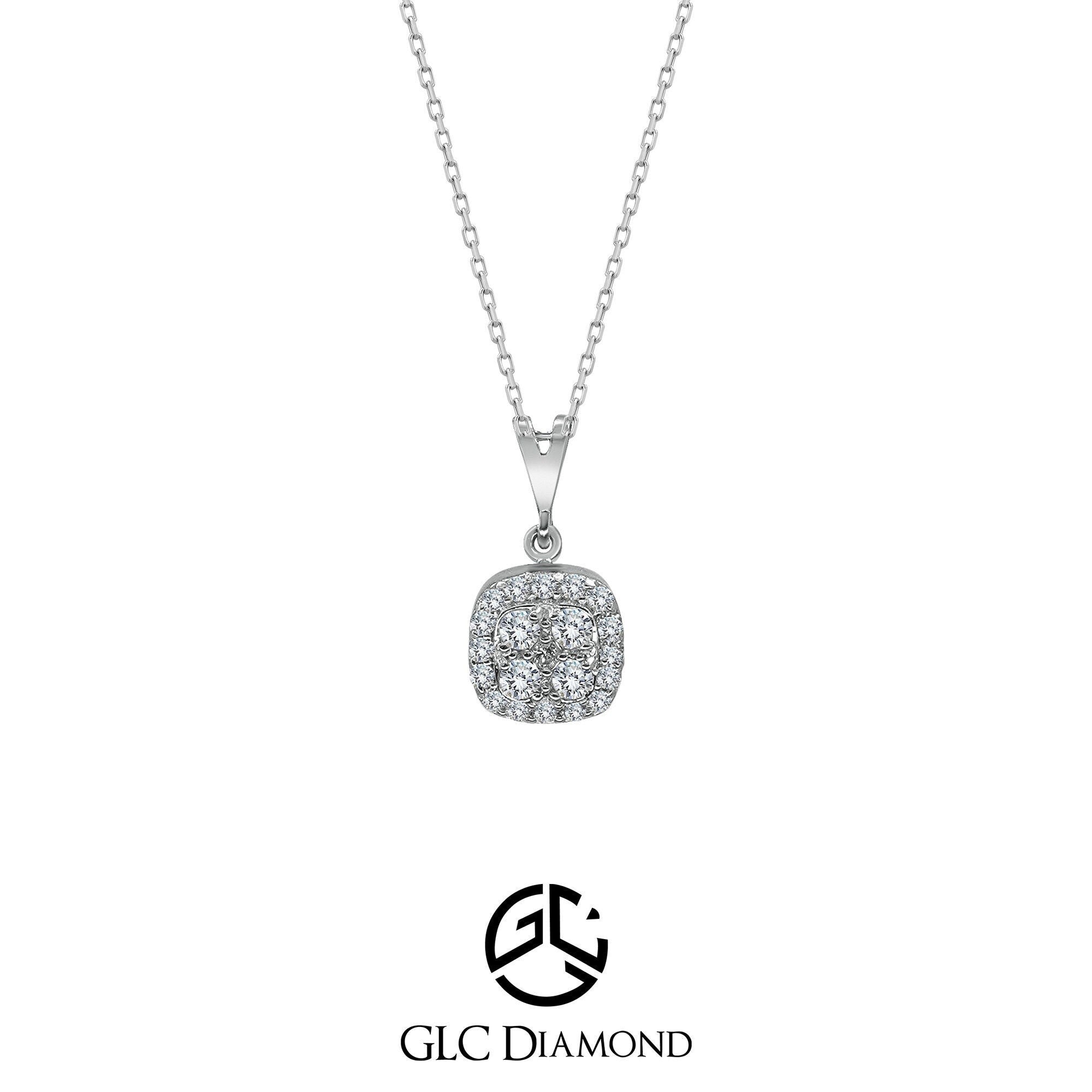 14K 0,22 Ct Round Cut Halo Cushion Shape Diamond Necklace Pendant