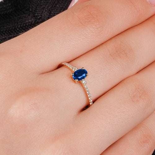 14K Solid Gold Diamond Sapphire Oval Solitaire Ring