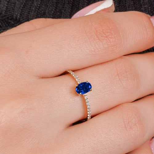 14K Solid Gold Oval Diamond Sapphire Solitaire Ring