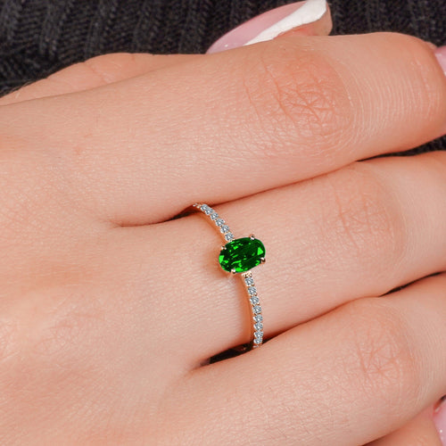 14K Solid Gold Oval Diamond Emerald Solitaire Ring