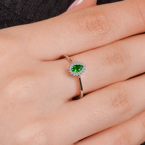 14K Solid White Gold Pear Cut Emerald Ring