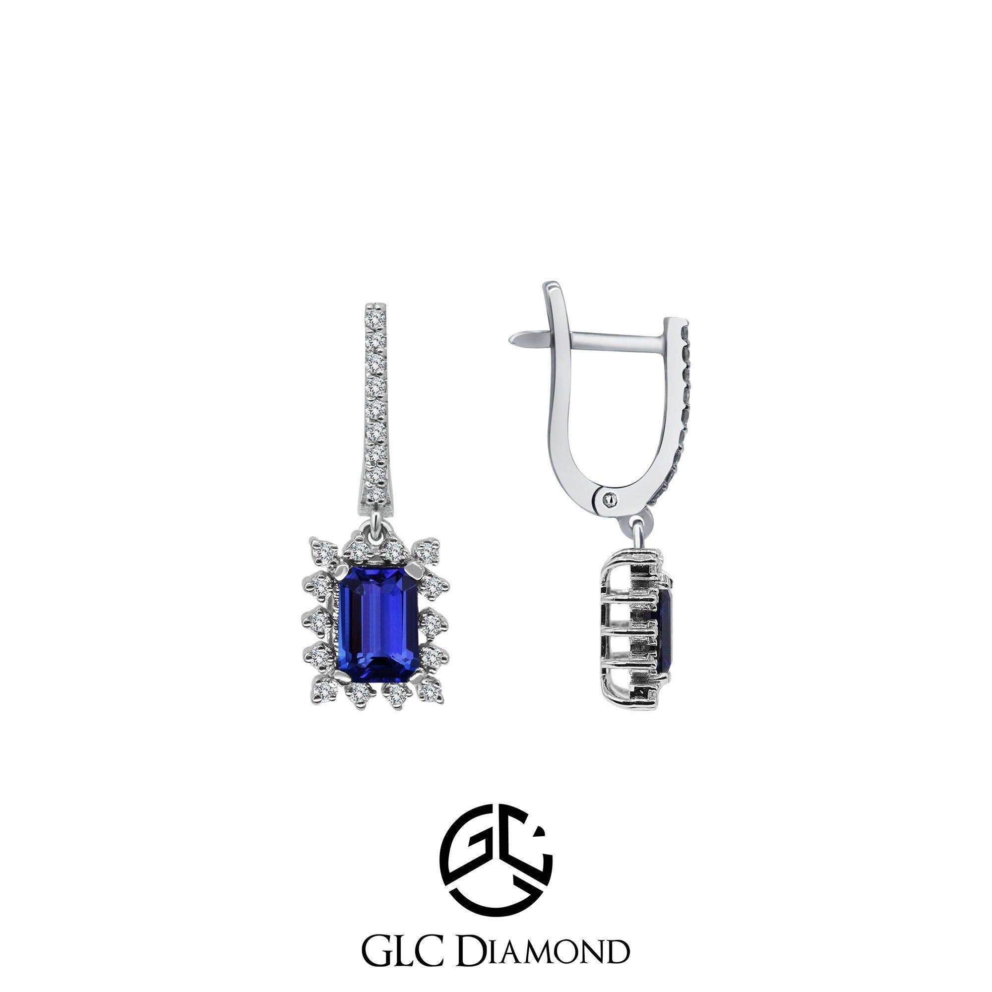 Sapphire Birthstone Earrings, 2.28 Carat Emerald Cut Dangling Halo Earrings