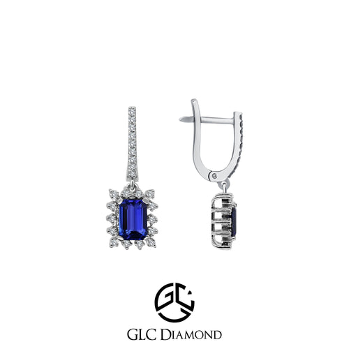 Sapphire Birthstone Earrings, 2.28 Carat Emerald Cut Dangling Halo Earrings