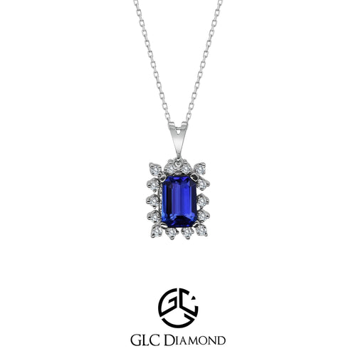 Quality Unique Emerald Blue Sapphire Single Cut Diamond Halo Necklace