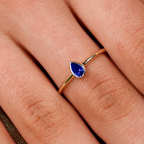 14K Solid Gold Pear Cut Solitaire Sapphire Ring