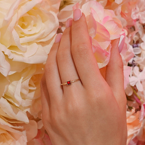 14K Gold Square Cut Solitaire Ruby Ring