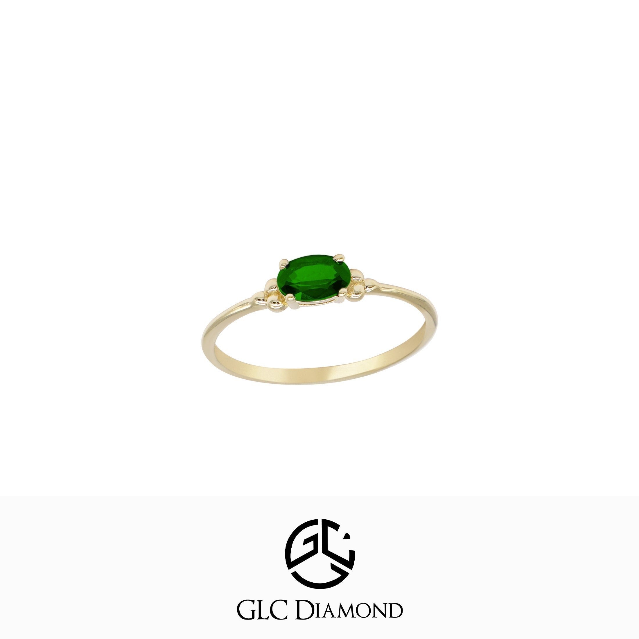 14K Solid Gold Oval Emerald Solitaire Ring