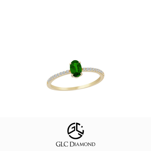 14K Solid Gold Oval Diamond Emerald Solitaire Ring