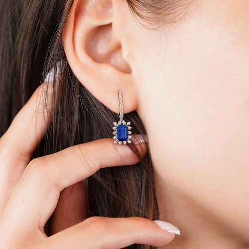 Sapphire Birthstone Earrings, 2.28 Carat Emerald Cut Dangling Halo Earrings