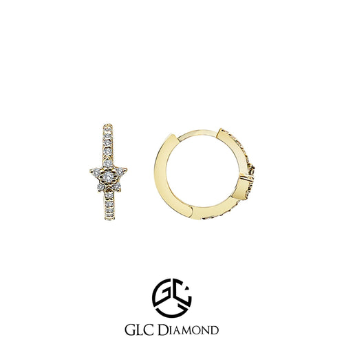 14K Solid Gold Diamond Star Hoops Earrings