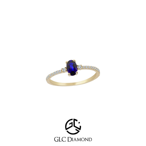 14K Solid Gold Diamond Sapphire Oval Solitaire Ring