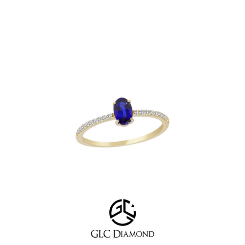 14K Solid Gold Oval Diamond Sapphire Solitaire Ring