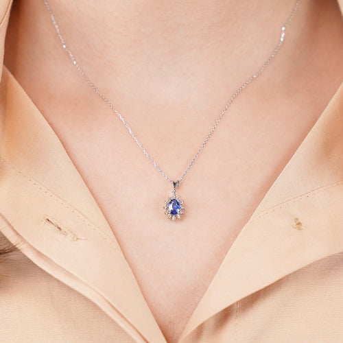 14K Solid White Gold Oval Cut Sapphire Necklace, 0.64 Carat Halo Necklace