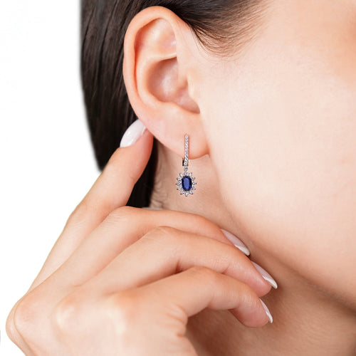 Sapphire Oval Halo Dangle Drop Diamond Earrings