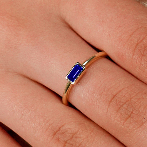 14K Solid Gold Baguette Cut Solitaire Sapphire Ring