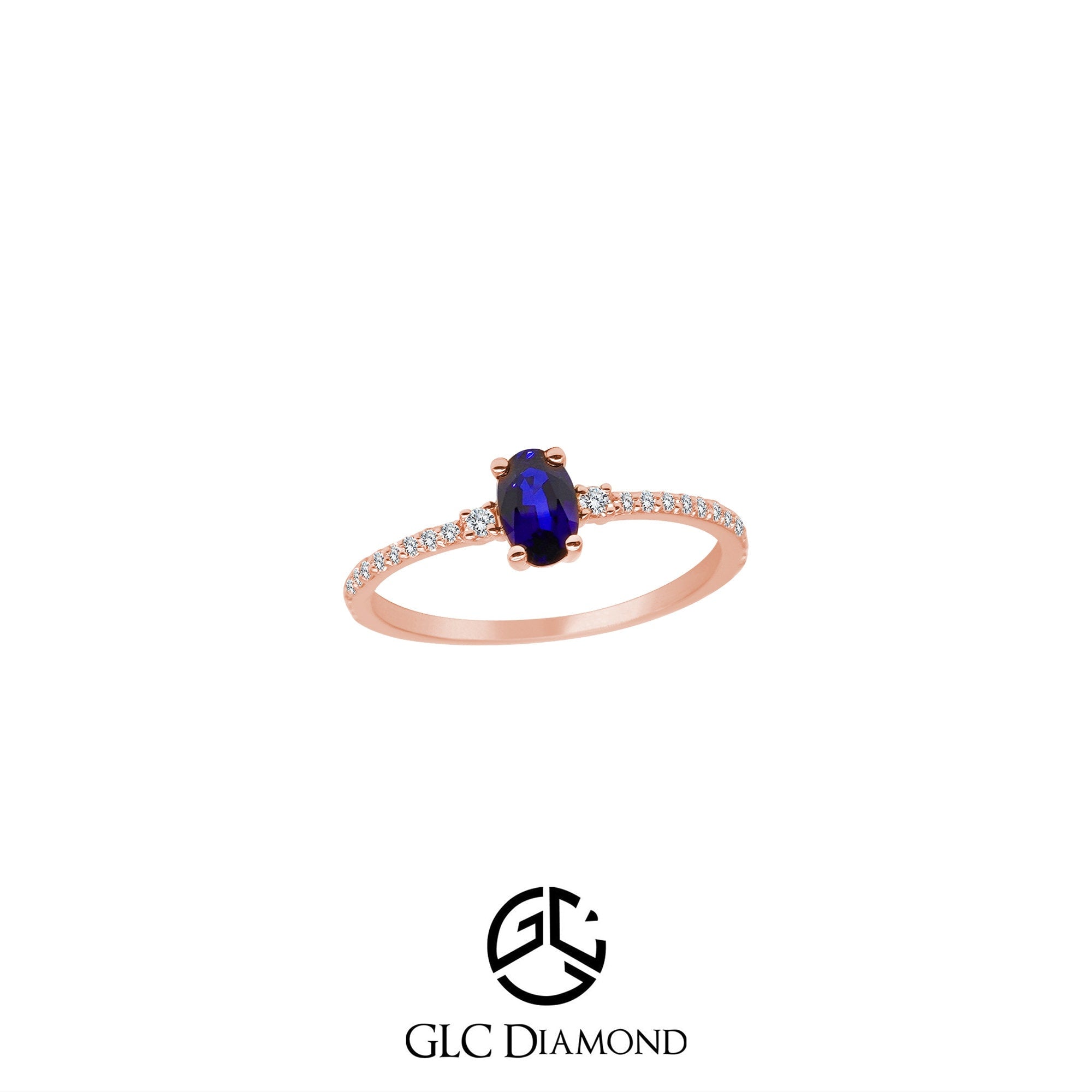 14K Solid Gold Diamond Sapphire Oval Solitaire Ring