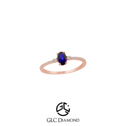 14K Solid Gold Diamond Sapphire Oval Solitaire Ring