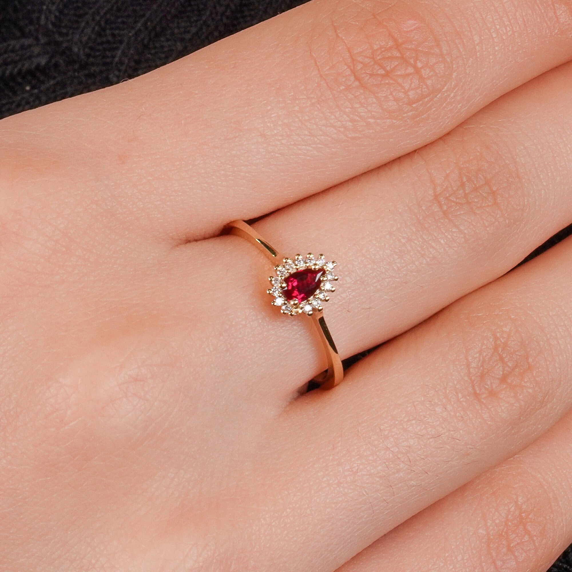 14K Solid Gold Diamond Pear Cut Ruby Solitaire Ring