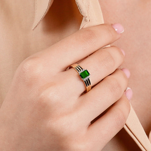 14K Solid Gold Diamond Emerald Statement Ring