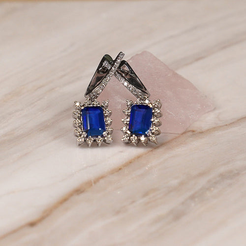 Sapphire Birthstone Earrings, 2.28 Carat Emerald Cut Dangling Halo Earrings