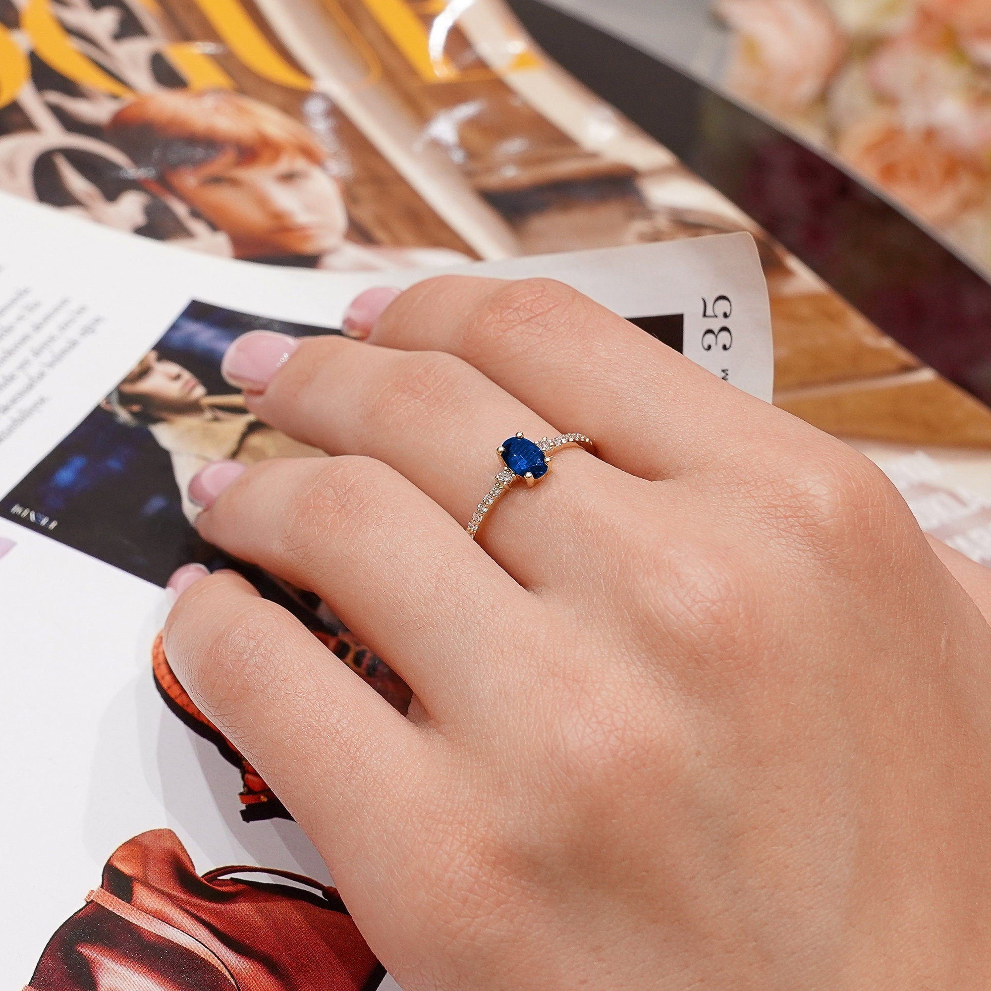 14K Solid Gold Diamond Sapphire Oval Solitaire Ring