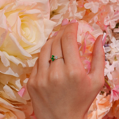 Diamond Emerald Flower Ring, 14K Gold Everyday Ring