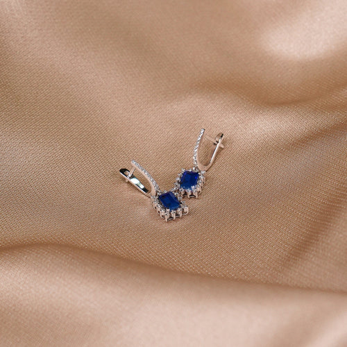 Sapphire Birthstone Earrings, 2.28 Carat Emerald Cut Dangling Halo Earrings