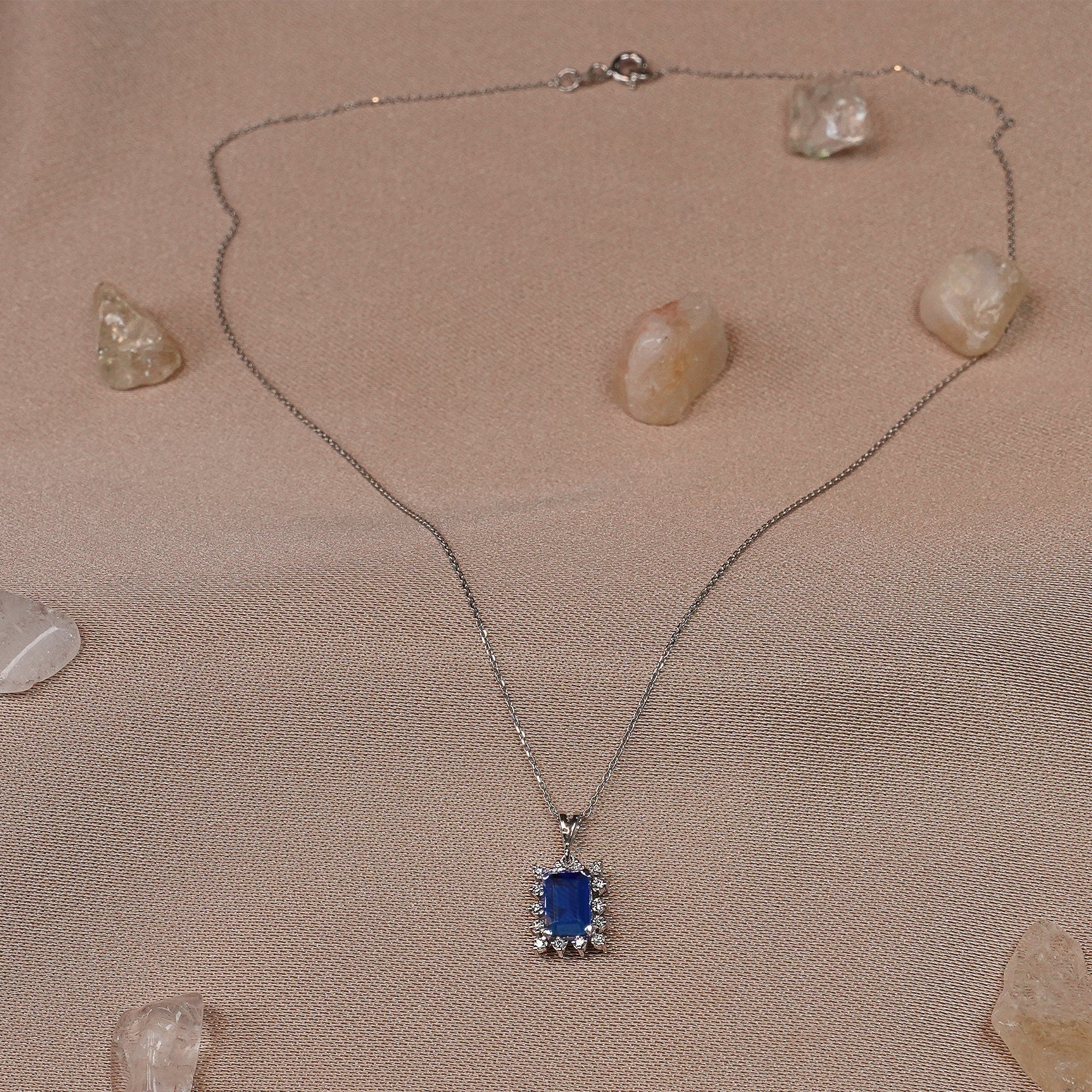 Quality Unique Emerald Blue Sapphire Single Cut Diamond Halo Necklace