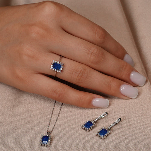 Sapphire Birthstone Earrings, 2.28 Carat Emerald Cut Dangling Halo Earrings