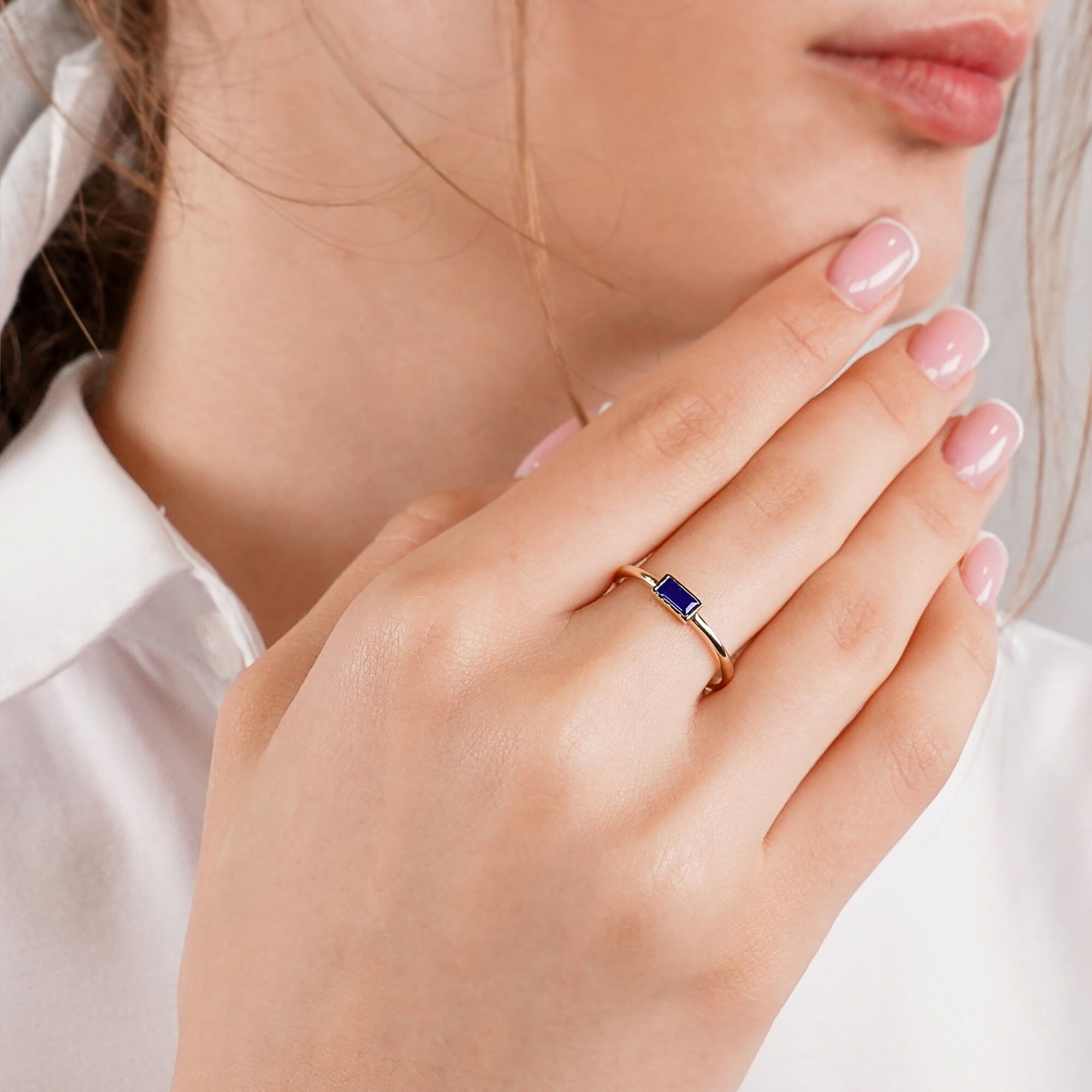 14K Solid Gold Baguette Cut Solitaire Sapphire Ring