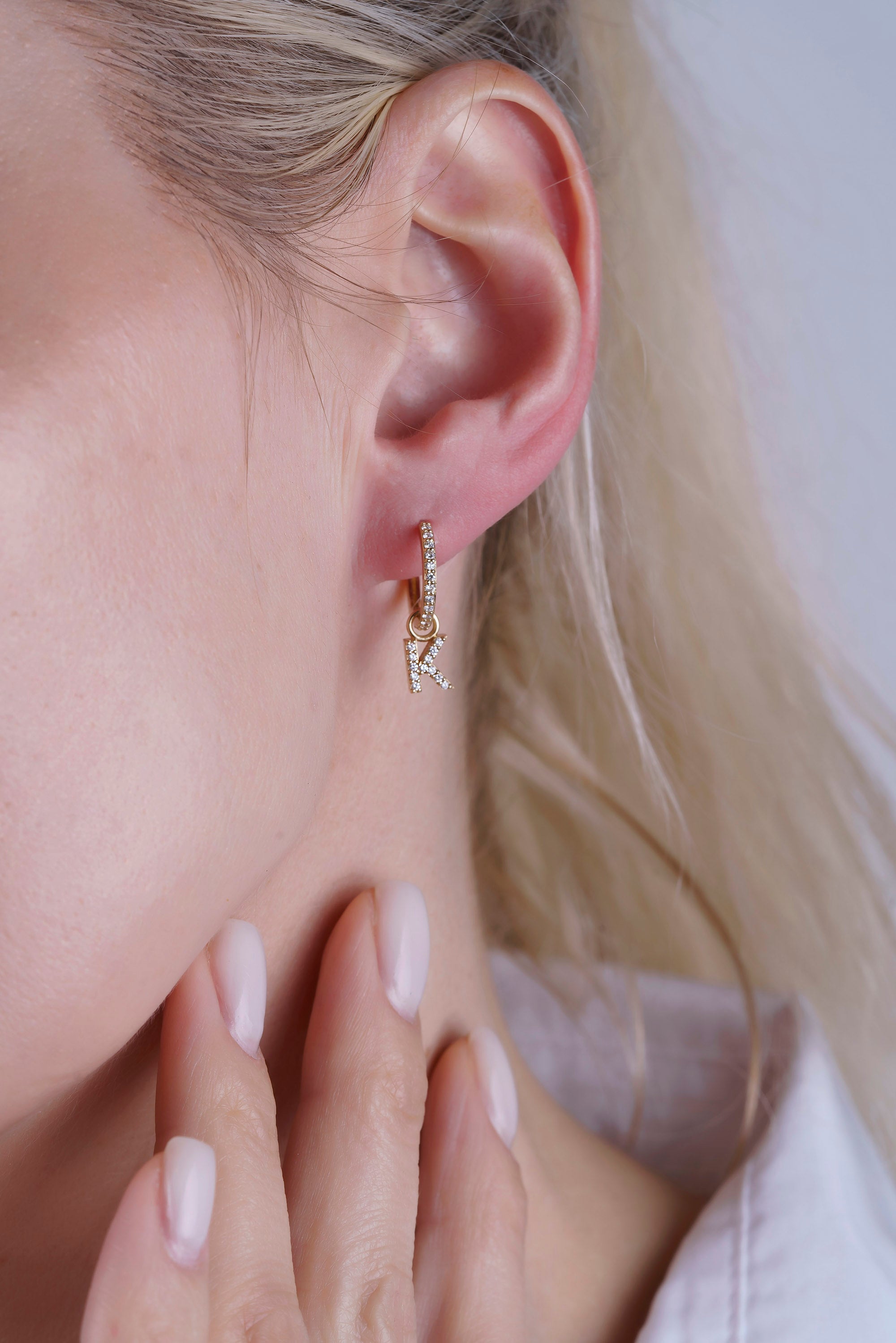 14K Gold Diamond Initial Hoop Earrings / Natural Diamond Letter Huggie Earring
