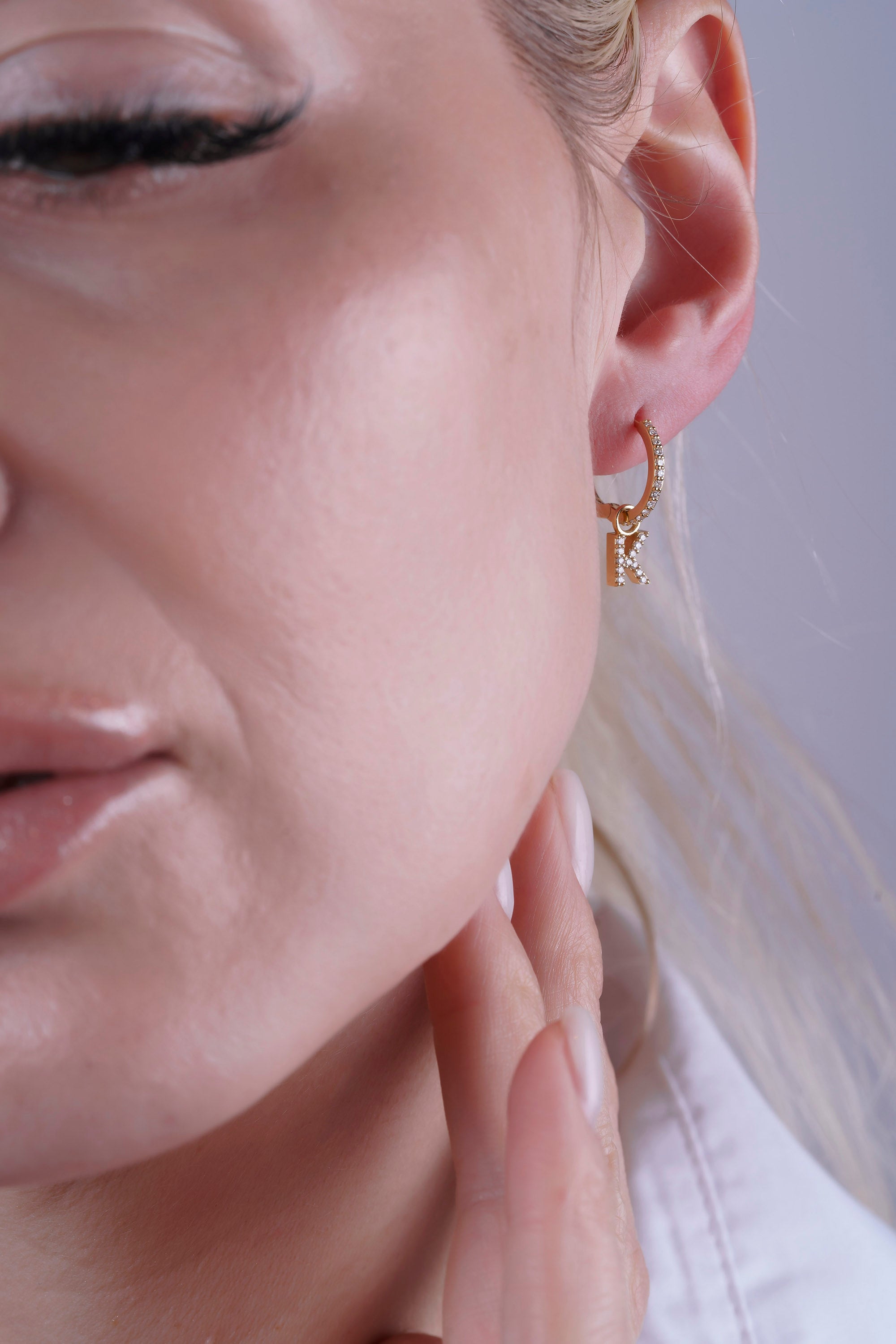 14K Gold Diamond Initial Hoop Earrings / Natural Diamond Letter Huggie Earring