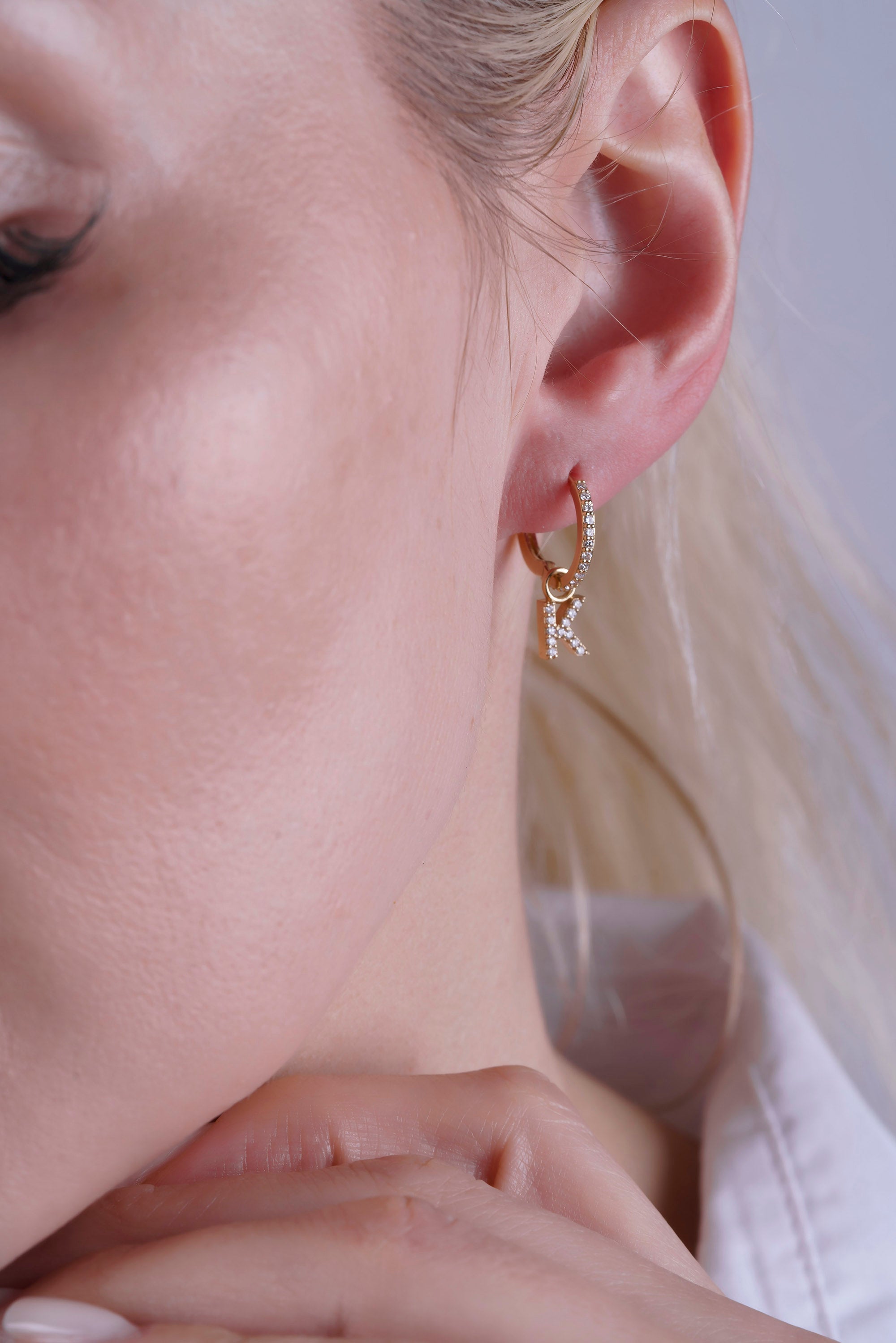 14K Gold Diamond Initial Hoop Earrings / Natural Diamond Letter Huggie Earring