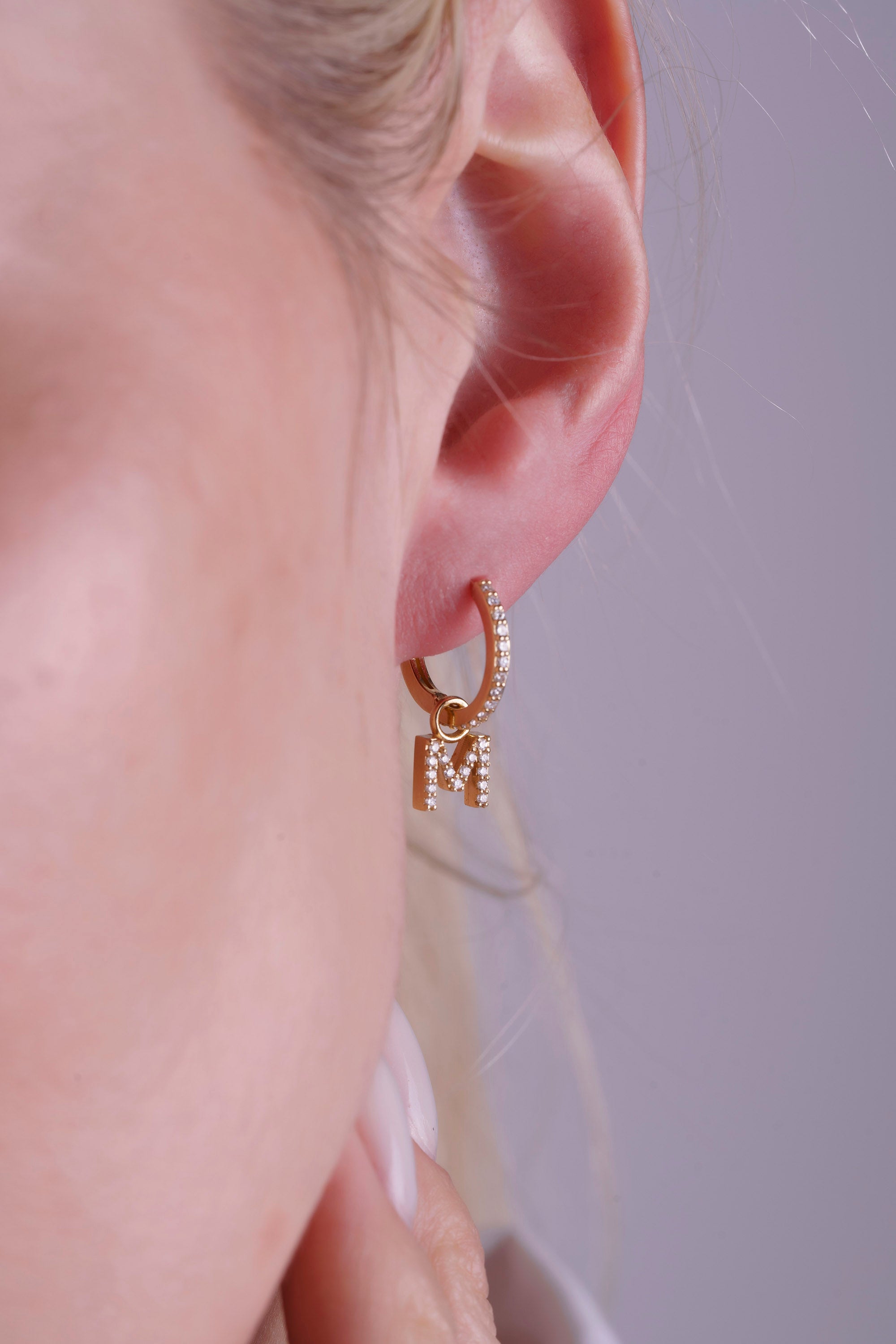14K Gold Diamond Initial Hoop Earrings / Natural Diamond Letter Huggie Earring