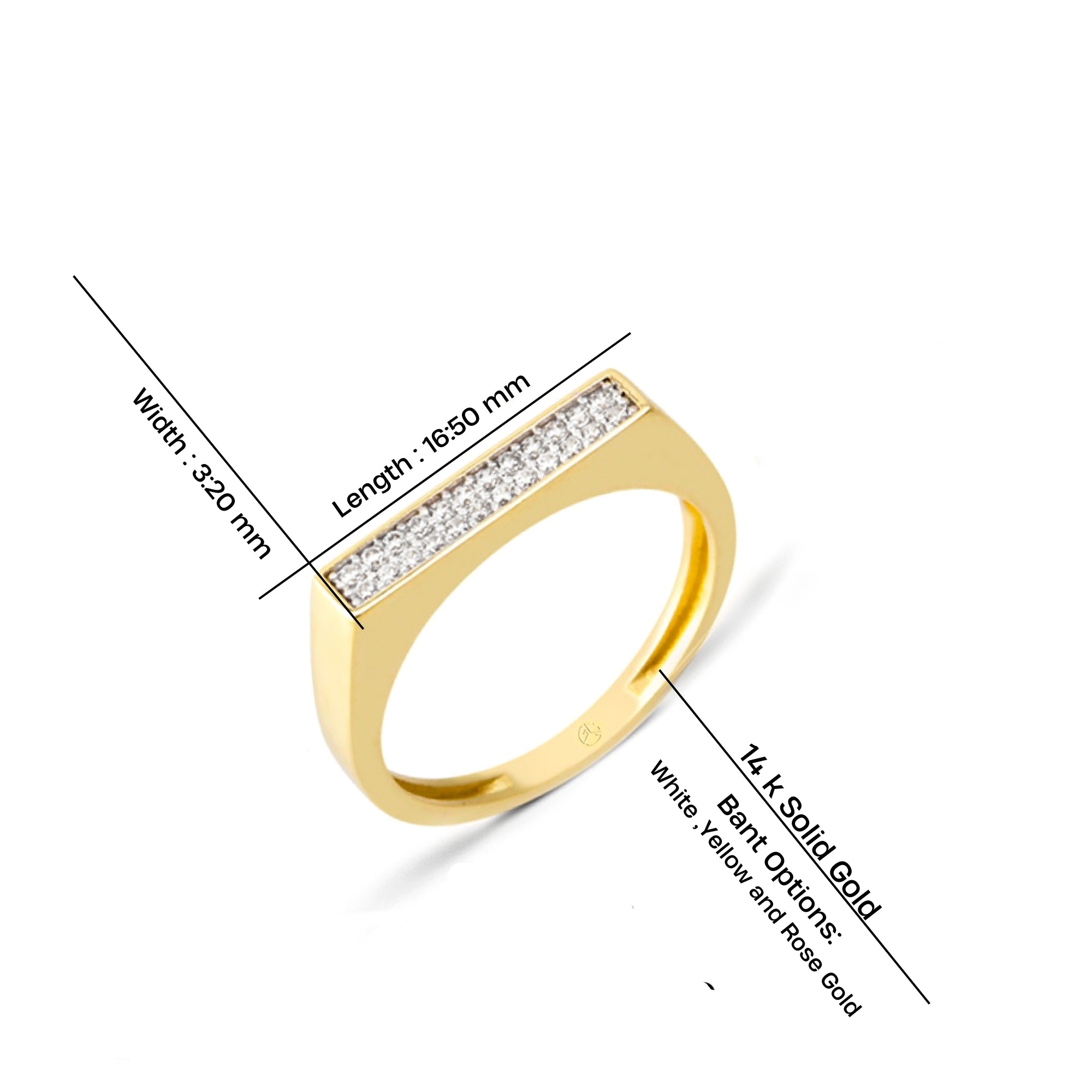14K Gold Bar Diamond Ring, Pave Diamond Design