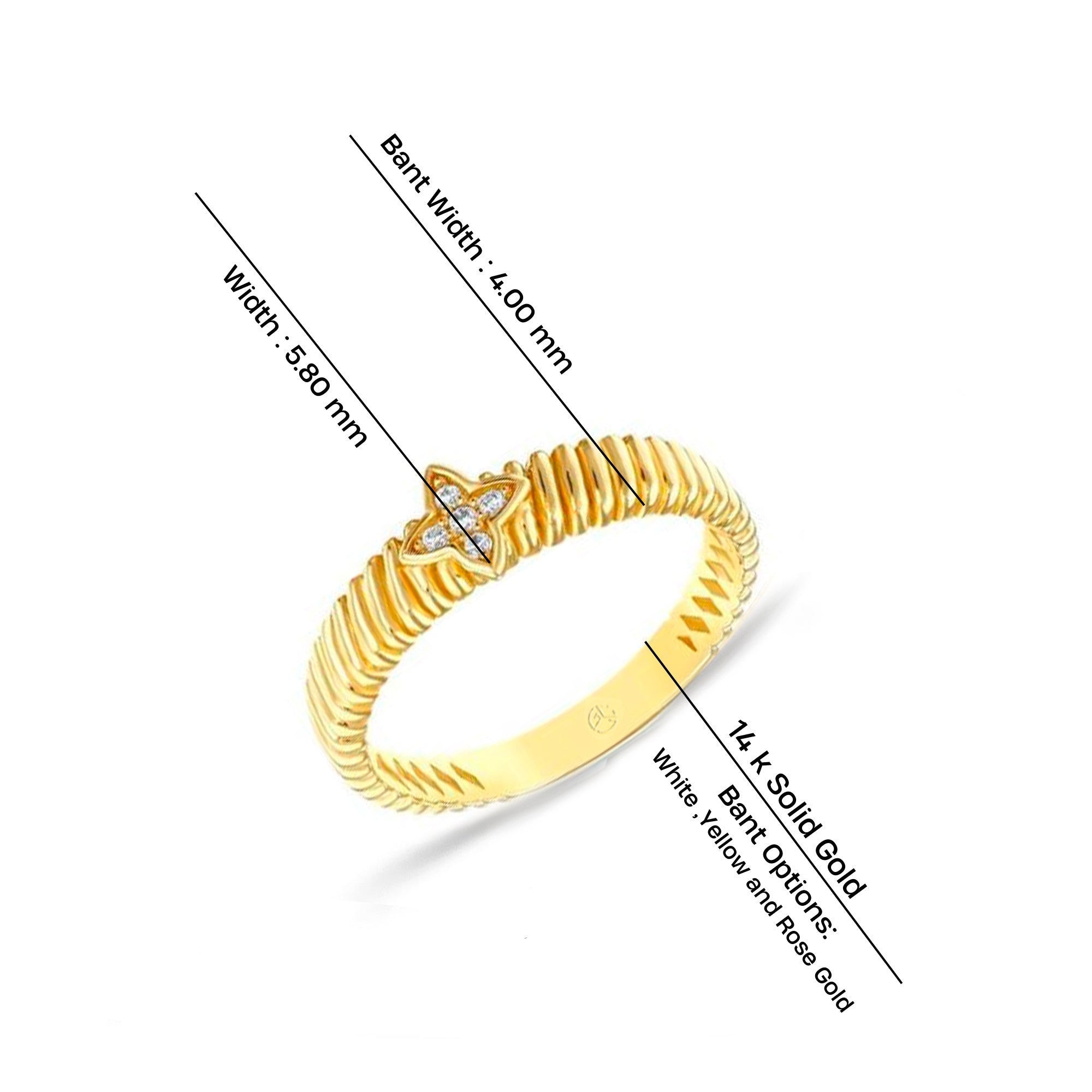 14K Gold Star Diamond Ring, Celestial Ribbed Band