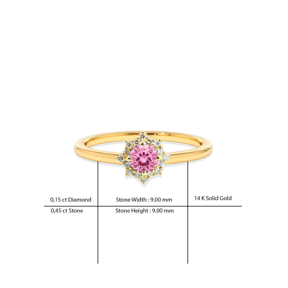 14K Gold Diamond Ring / Pink Sapphire Halo Ring