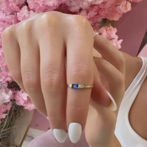 Baguette Sapphire Ring with Diamond Side Stones