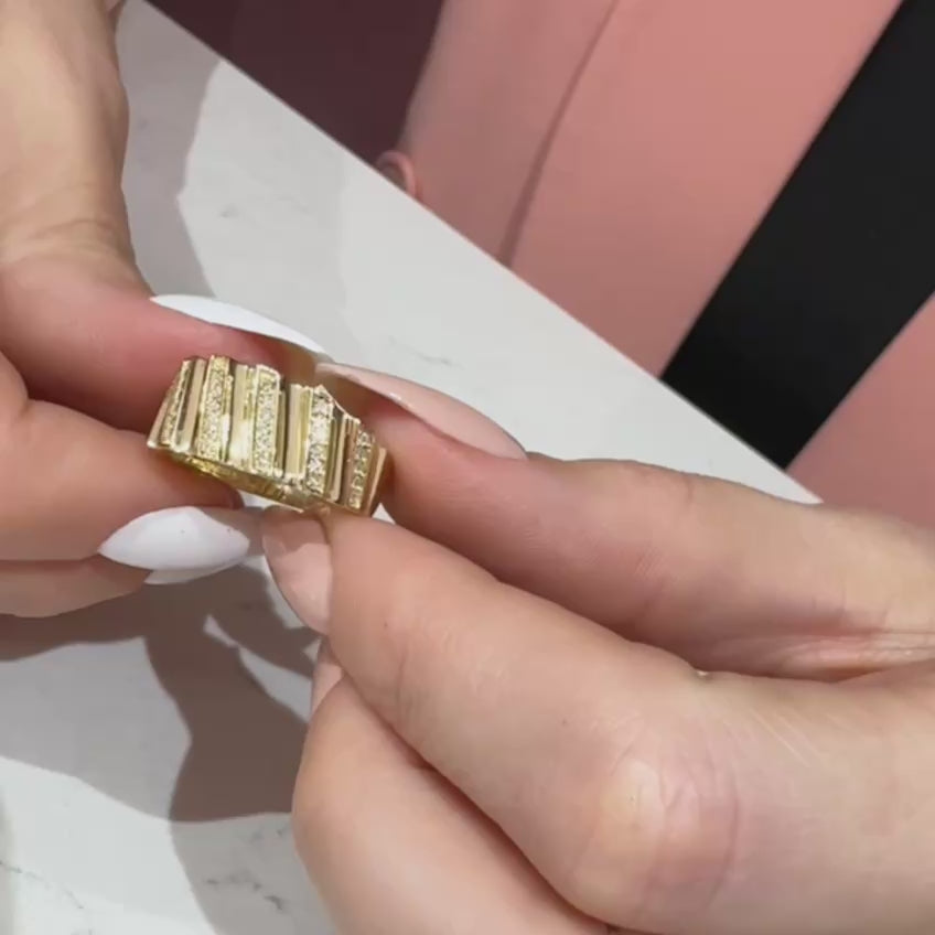 14K Gold Ribbed Diamond Band Ring, Anniversary Gift