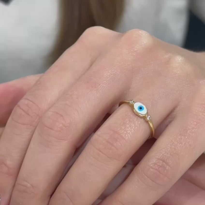 14K Yellow Gold Evil Eye Ring with Diamonds