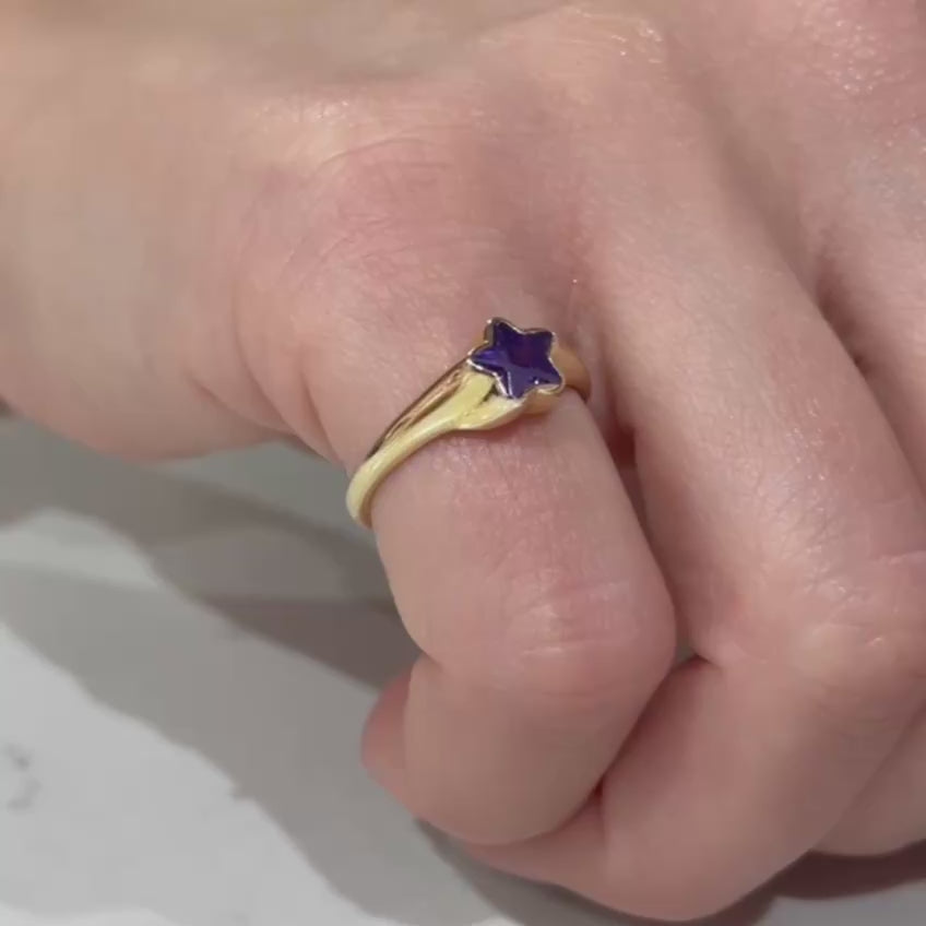 14K Solid Amethyst Gold Star Ring