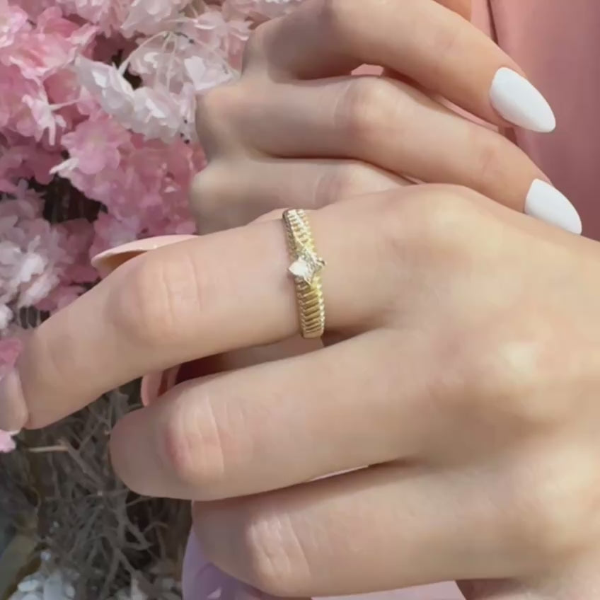 14K Gold Star Diamond Ring, Celestial Ribbed Band