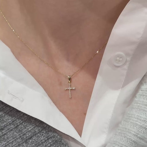 0,09 CT Cross Diamond Necklace, 14K Gold Diamond Cross Necklace