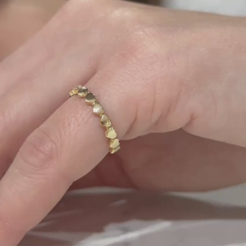 14K Solid Gold Dainty Heart Love Band, Thin Gold Heart Ring