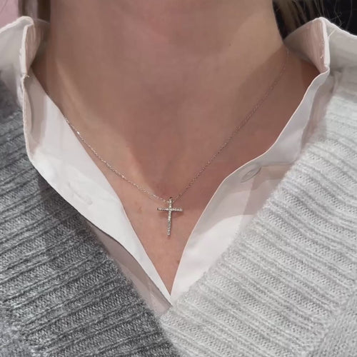 14K White Gold Cross Necklace, 0.14 Ct Diamond Cross Necklace, Art Deco Cross Pendant