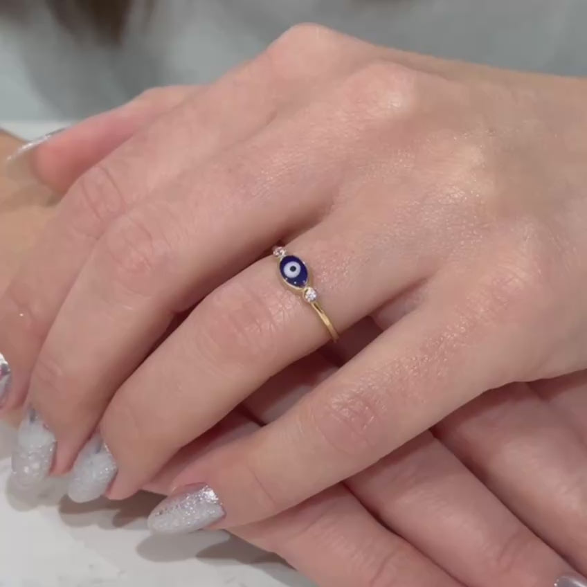14K Yellow Gold Blue Evil Eye Ring