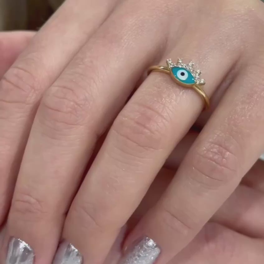 14K Solid Blue Evil Eye Beaded Eye Ring