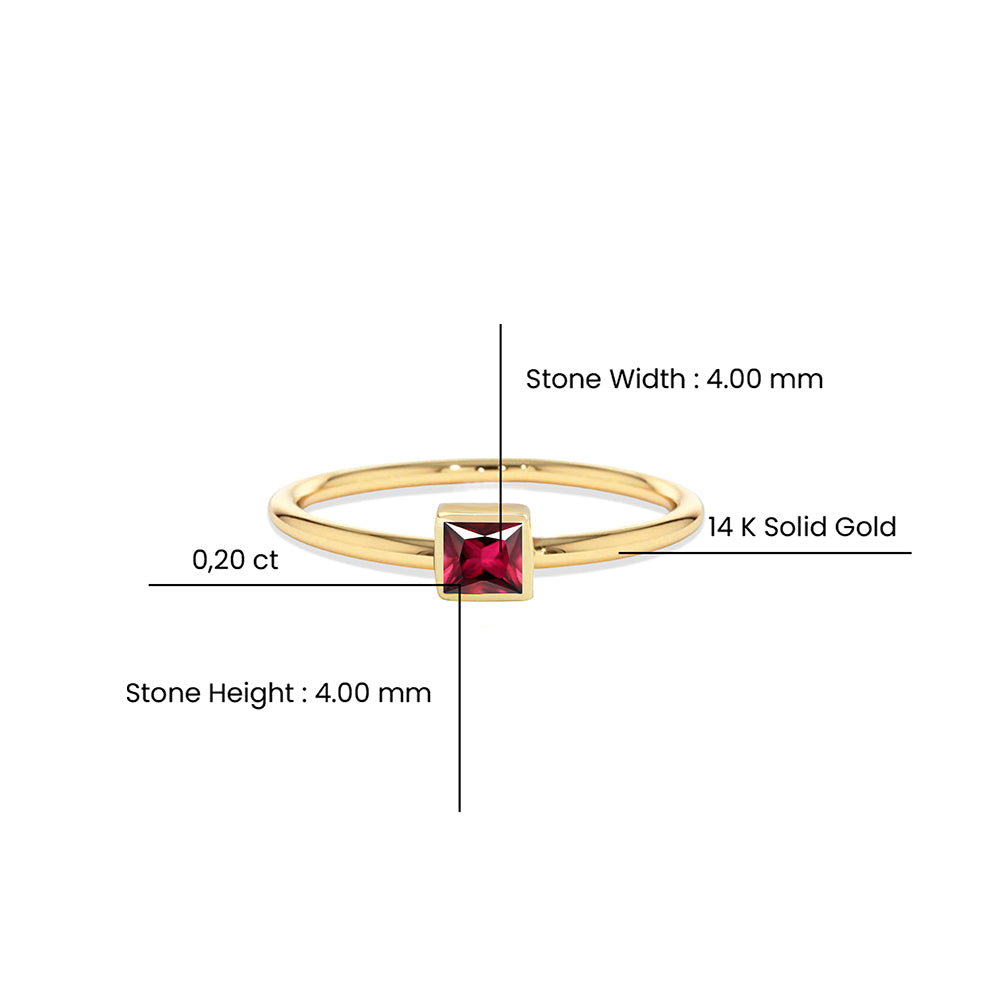 14K Gold Square Cut Solitaire Ruby Ring