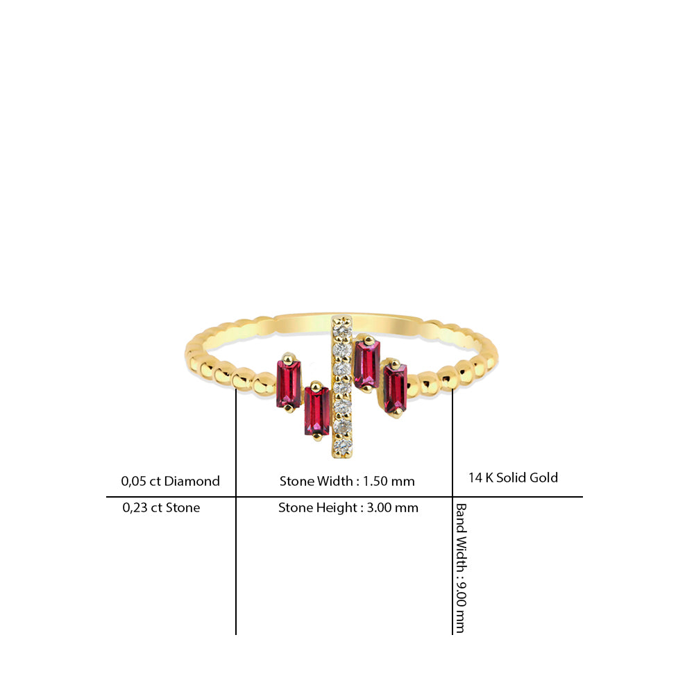 14K Gold Baguette Ruby Band / Ruby Diamond Bar Ring