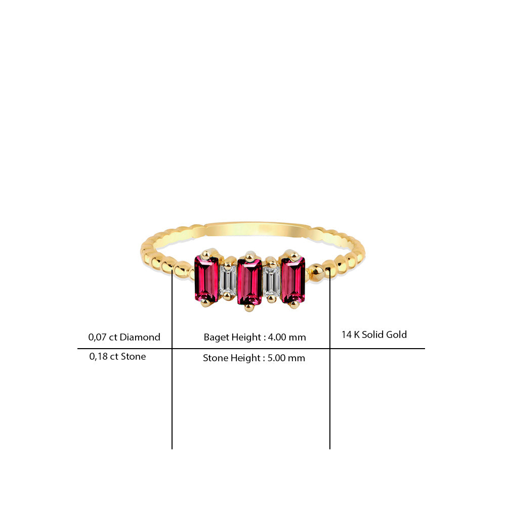 14K Gold Diamond Ruby Ring / Five Stone Baguette Setting